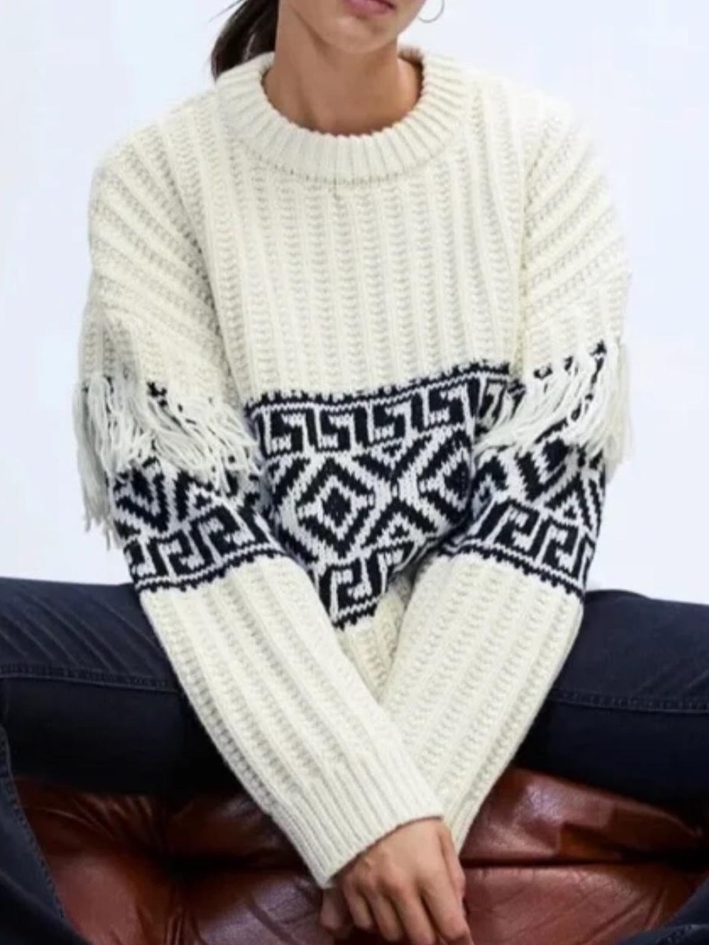 Cream Fringe Knit Sweater with Black Fair Isle Pattern